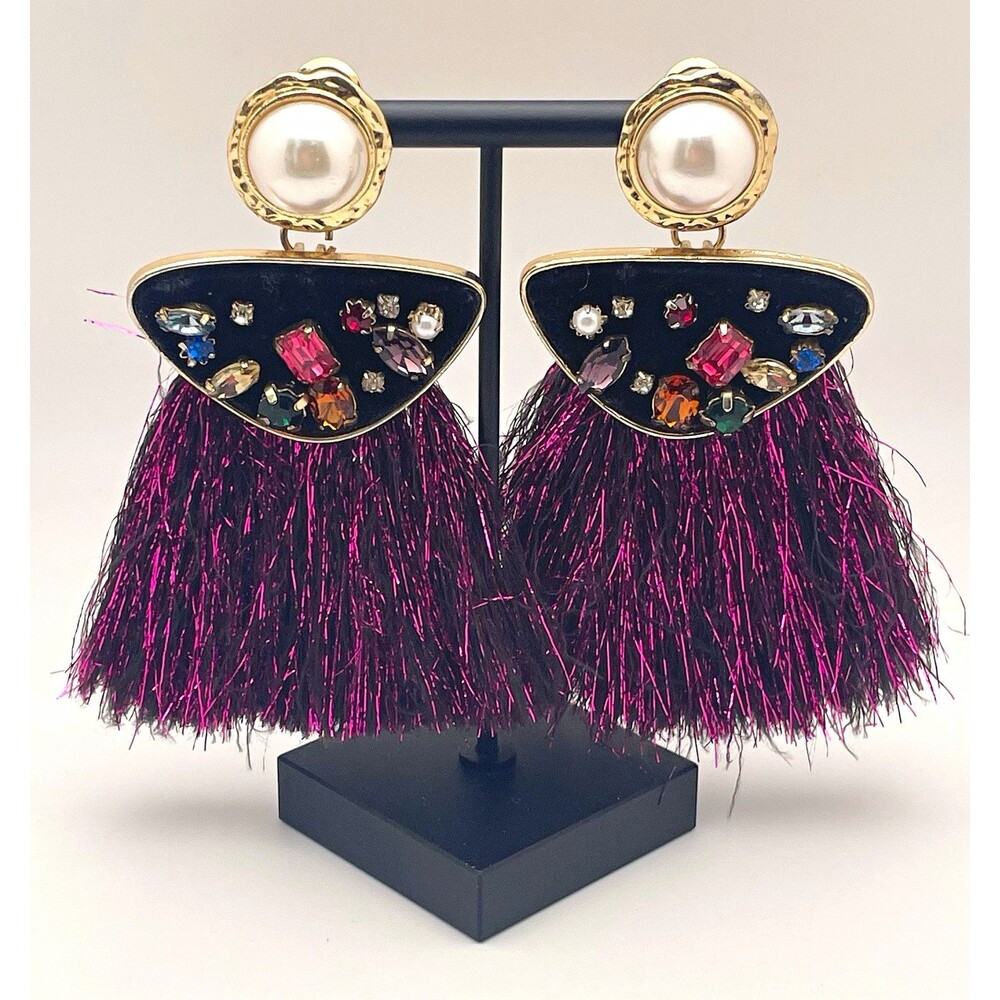 Vintage 80’s Glam Clip Pierced Gold Tone Faux Pearl Rhinestone Tassel Earrings